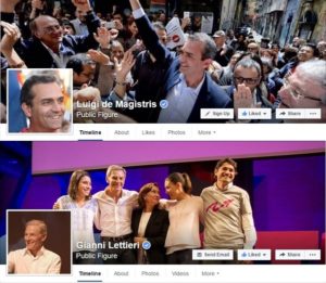 Copertina delle pagine Facebook di de Magistris e Lettieri durante la campagna elettorale