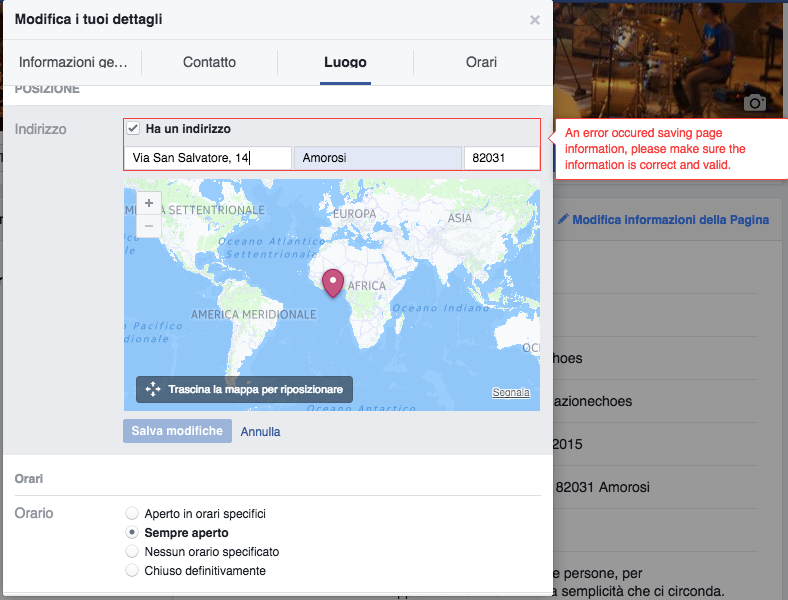 Facebook Errore Mappa