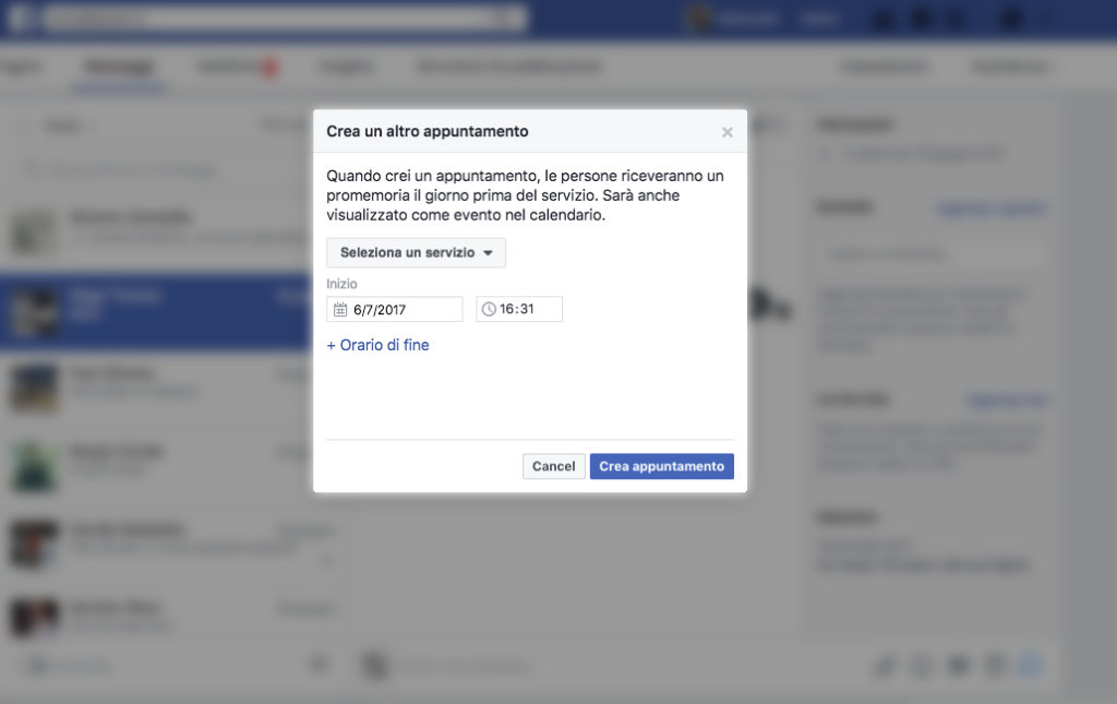 Facebook Messanger Crea Appuntamento